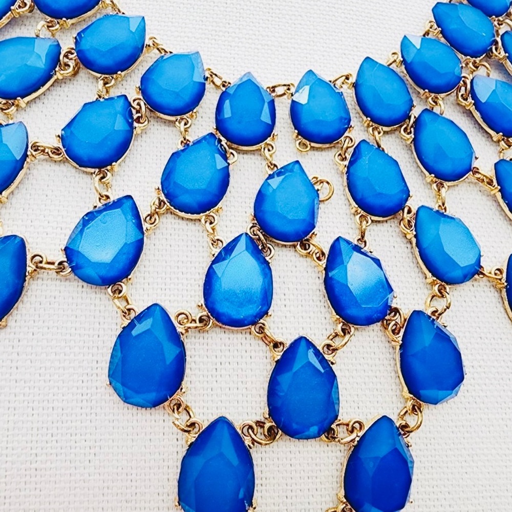Contemporary Modern Jeweled Cobalt Blue BIB Style Gold Chain Elegant Necklace - Picture 3 of 11